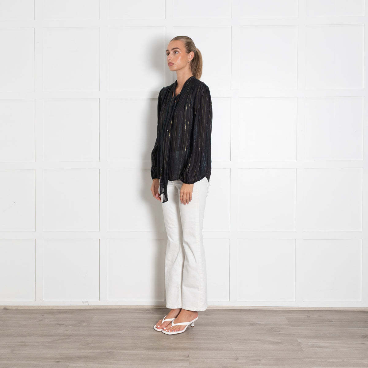 Rixo Black Rainbow Lurex Stripe Pussy Bow Blouse - Image 3