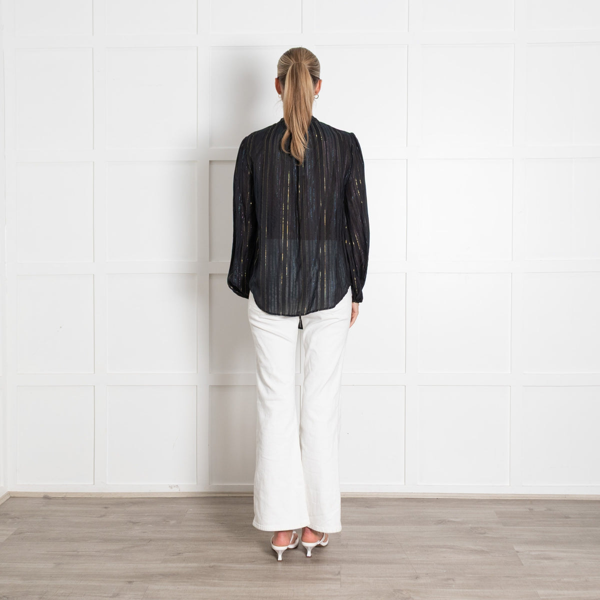Rixo Black Rainbow Lurex Stripe Pussy Bow Blouse - Image 5