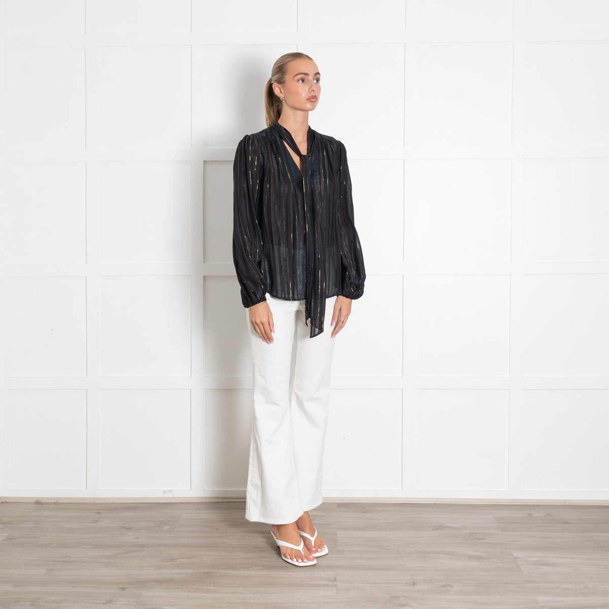 Rixo Black Rainbow Lurex Stripe Pussy Bow Blouse - Image 7