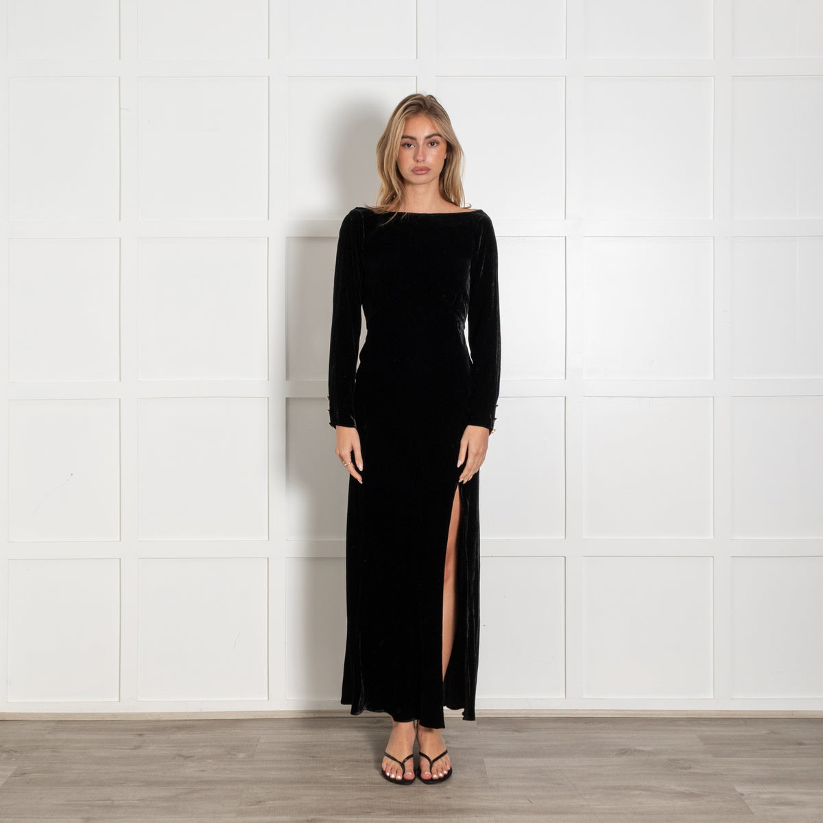 Rixo Black Velvet Open Back Long Sleeved Dress - Image 1