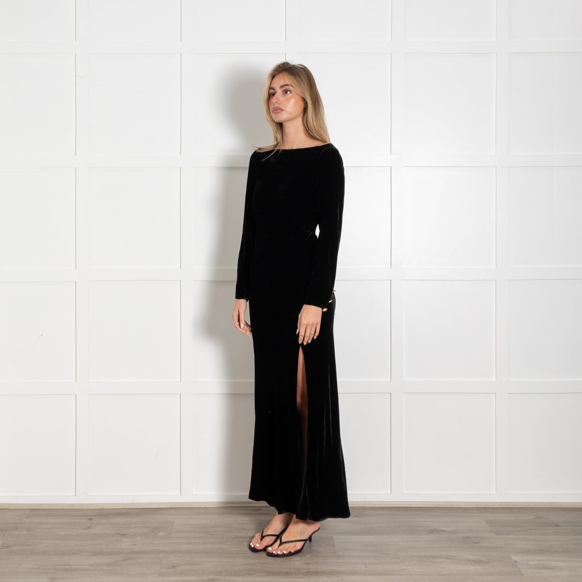 Rixo Black Velvet Open Back Long Sleeved Dress - Image 3