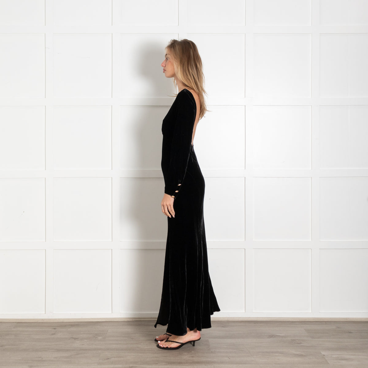 Rixo Black Velvet Open Back Long Sleeved Dress - Image 4