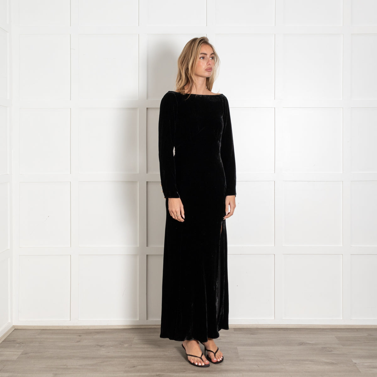 Rixo Black Velvet Open Back Long Sleeved Dress - Image 7