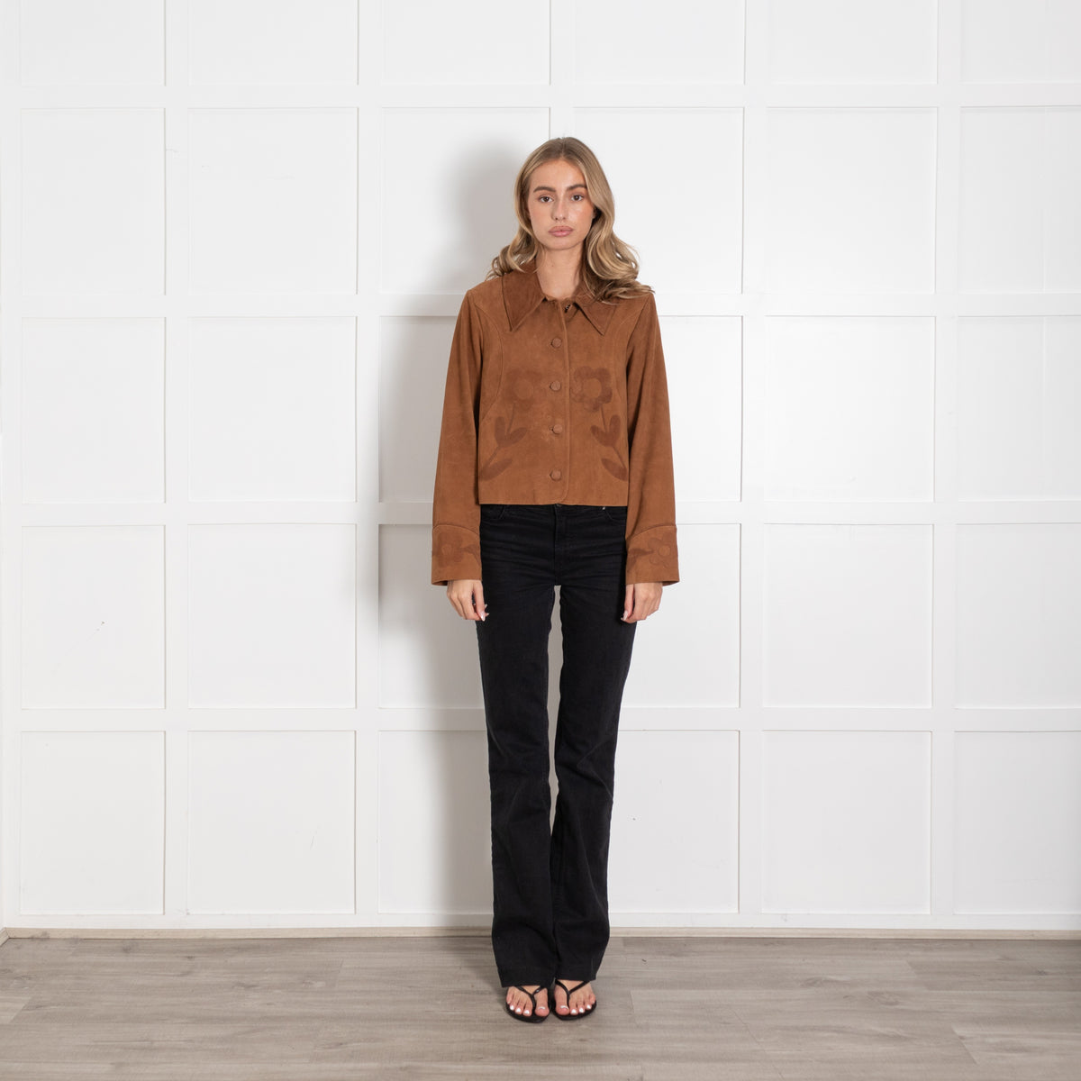 Rixo Brown Suede Dionne Jacket with Floral Appliqué - Image 1