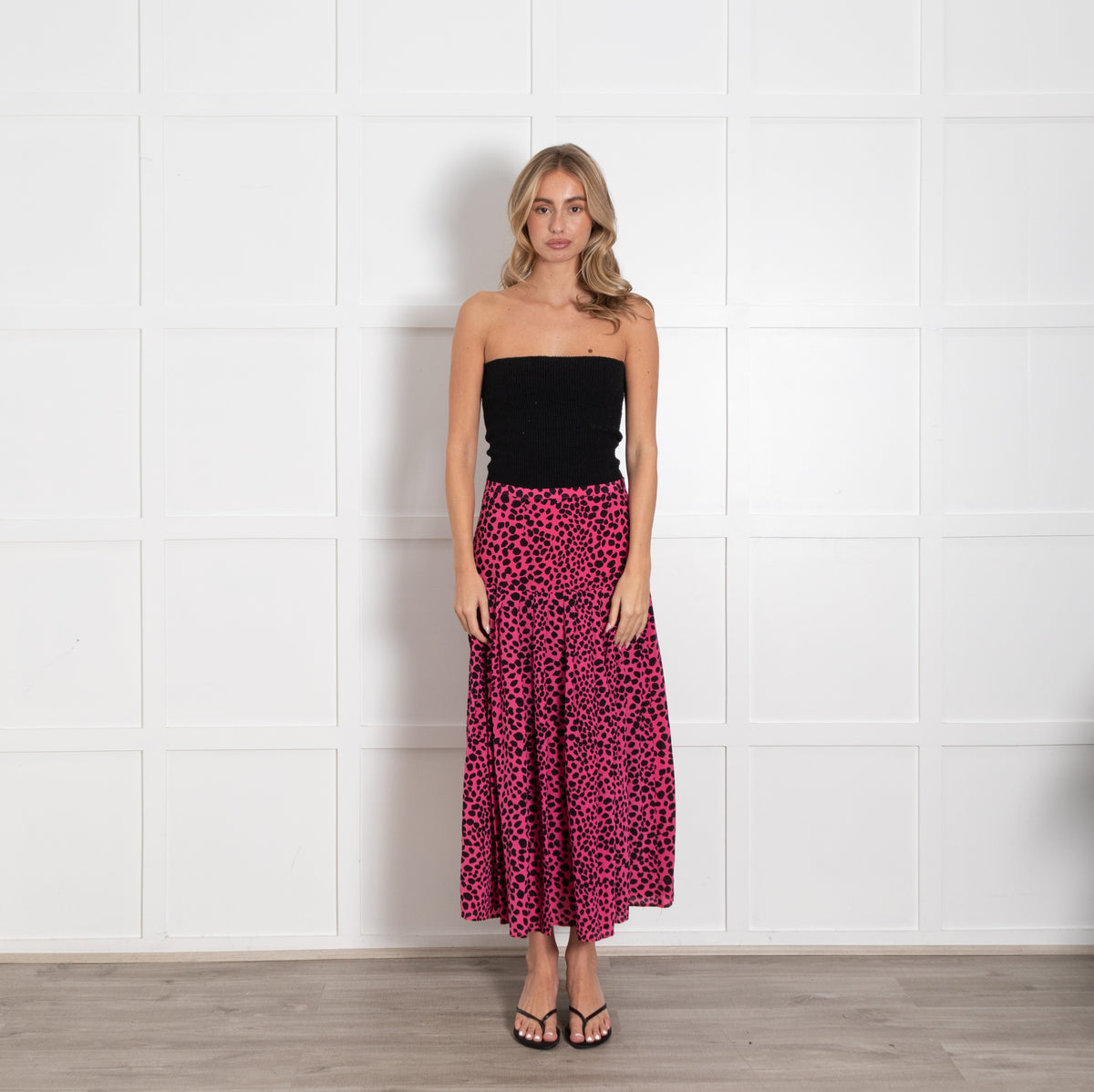 Rixo Pink Black Animal Print Midi Skirt - Image 1