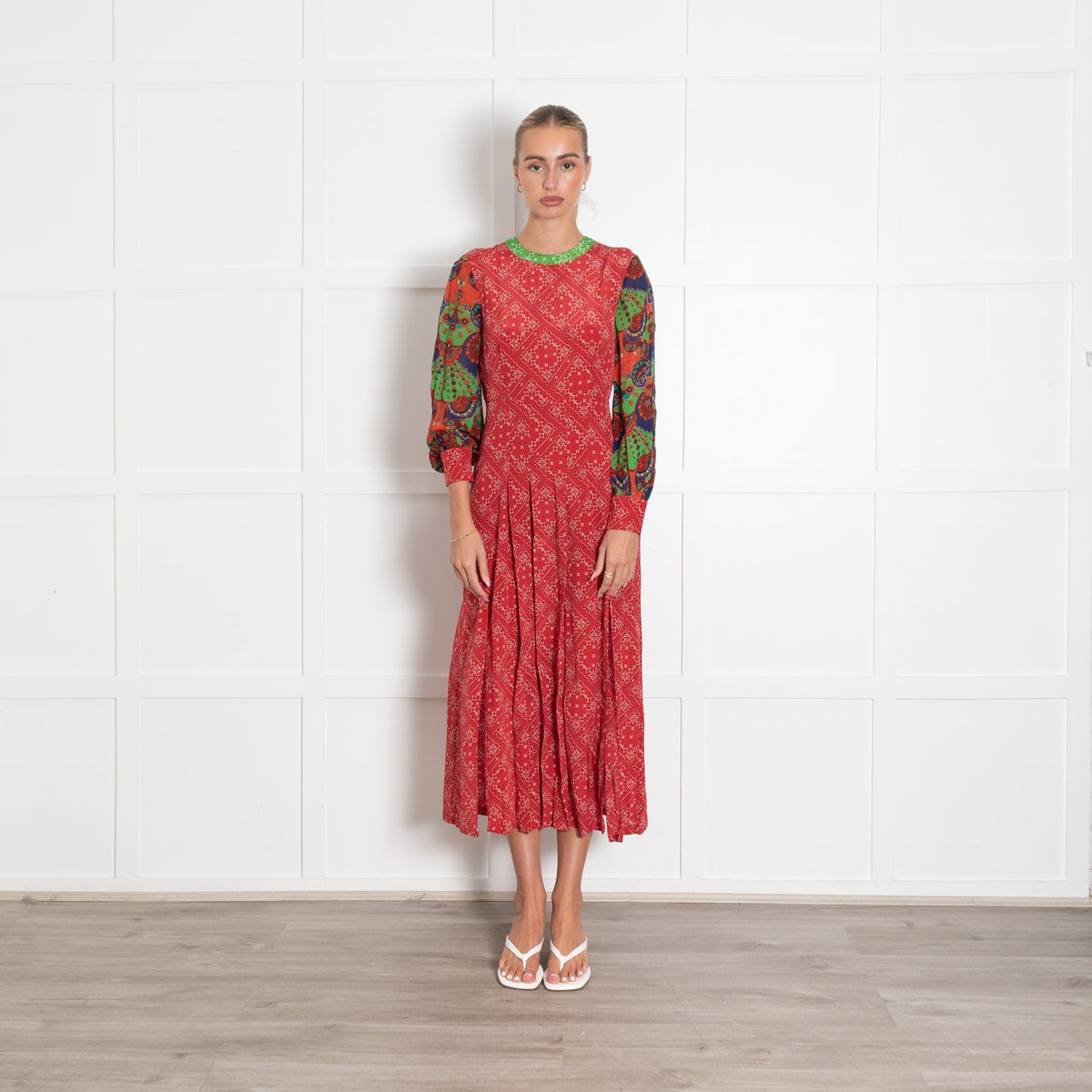 Rixo Red Paisley With Contrast Sleeves Dress - Image 1