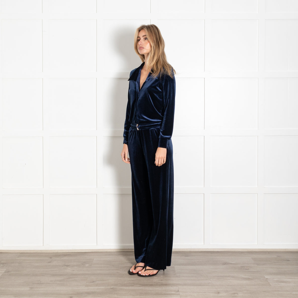 Rock The Jumpsuit Navy Velvet Button-Down Wide Leg Jumpsuit - Image 3