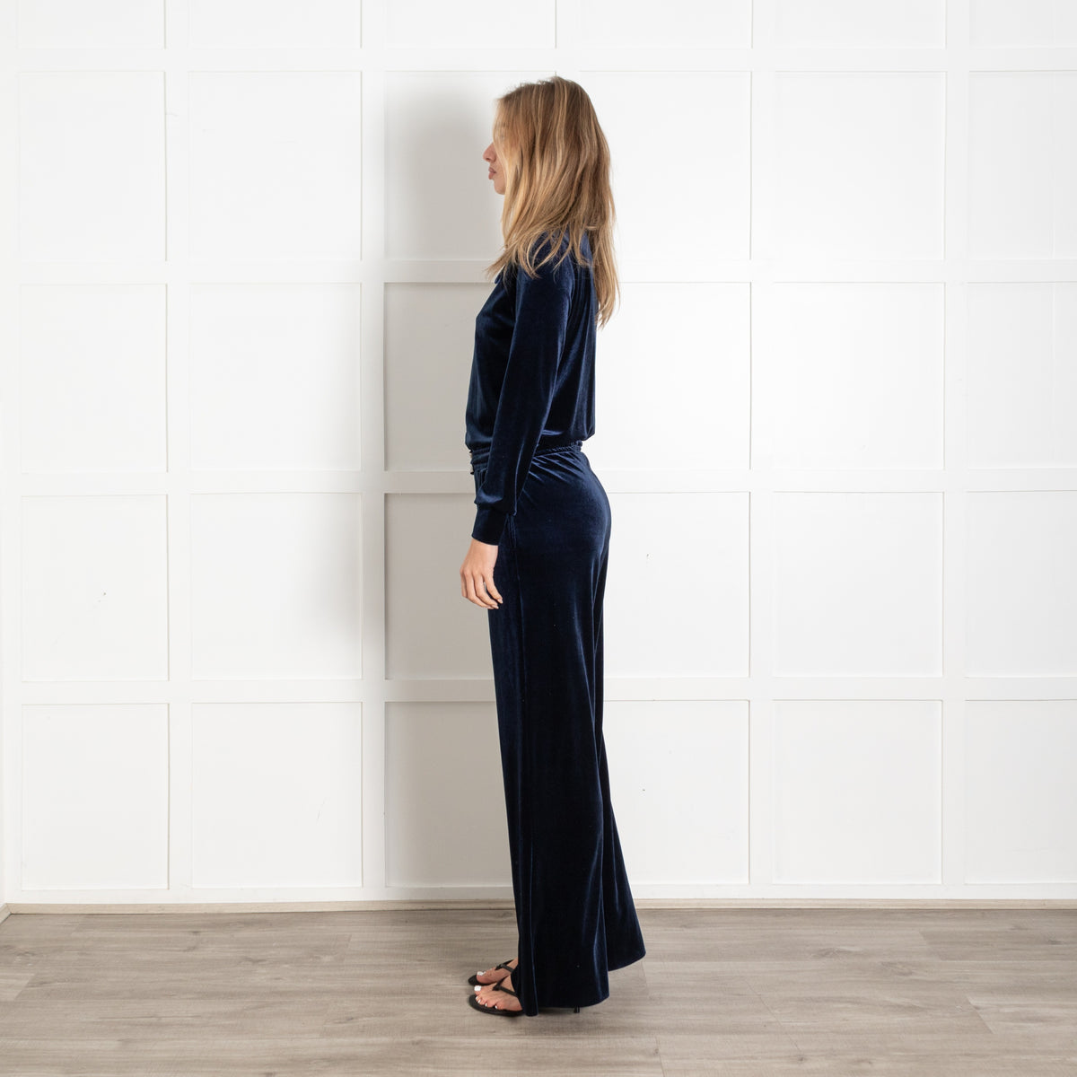 Rock The Jumpsuit Navy Velvet Button-Down Wide Leg Jumpsuit - Image 4