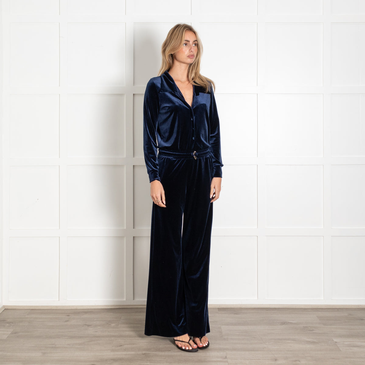 Rock The Jumpsuit Navy Velvet Button-Down Wide Leg Jumpsuit - Image 7