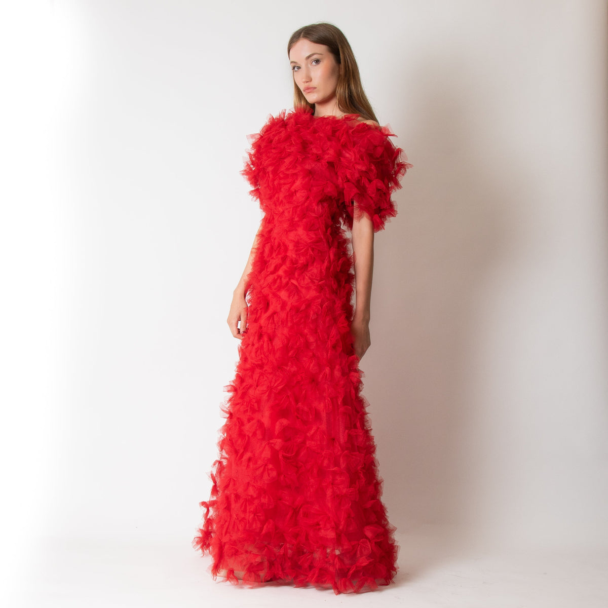 Rodarte Red Tulle Hand-Embroidered Bows Off Shoulder Gown - Image 2