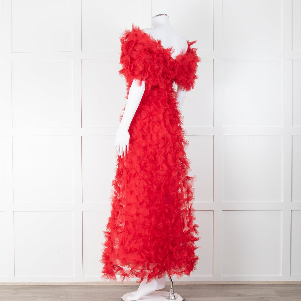Rodarte Red Tulle Hand-Embroidered Bows Off Shoulder Gown - Image 9