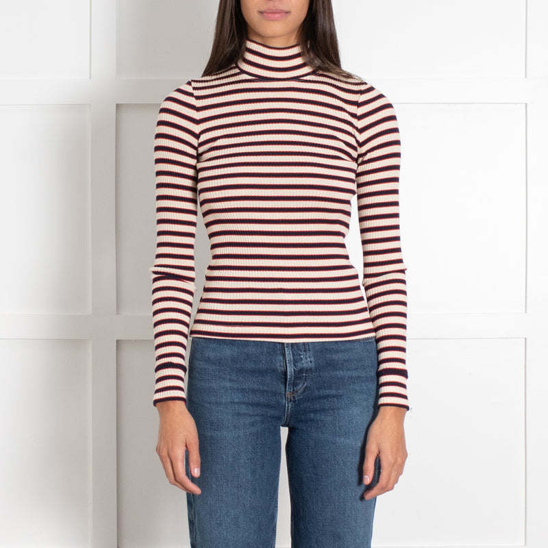 Rosetta Getty Cream Navy Red Stripe Mock Neck Jersey Top - Image 2