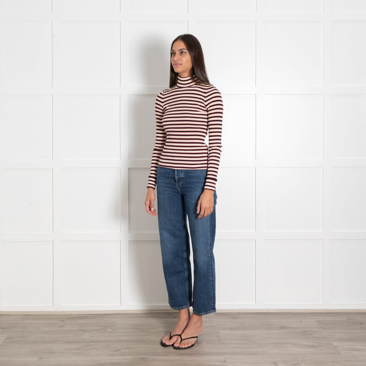 Rosetta Getty Cream Navy Red Stripe Mock Neck Jersey Top - Image 3