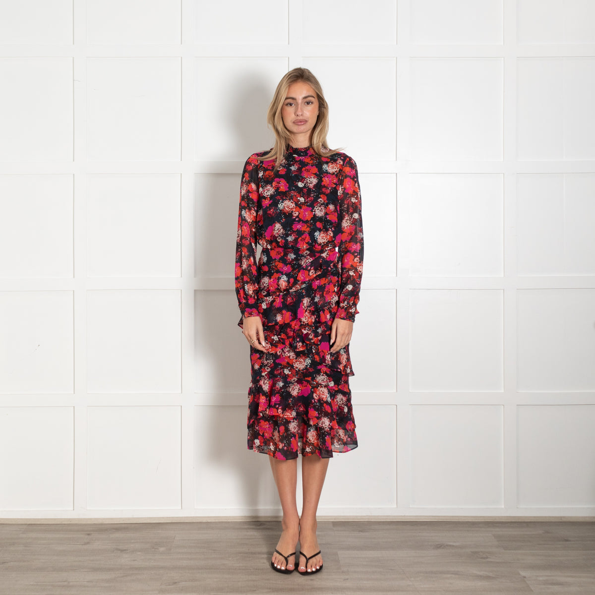 Saloni Red and Black Floral Print Isa Ruffle Laurel Midi Dress - Image 1