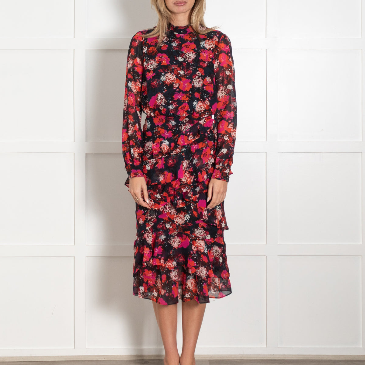 Saloni Red and Black Floral Print Isa Ruffle Laurel Midi Dress - Image 2