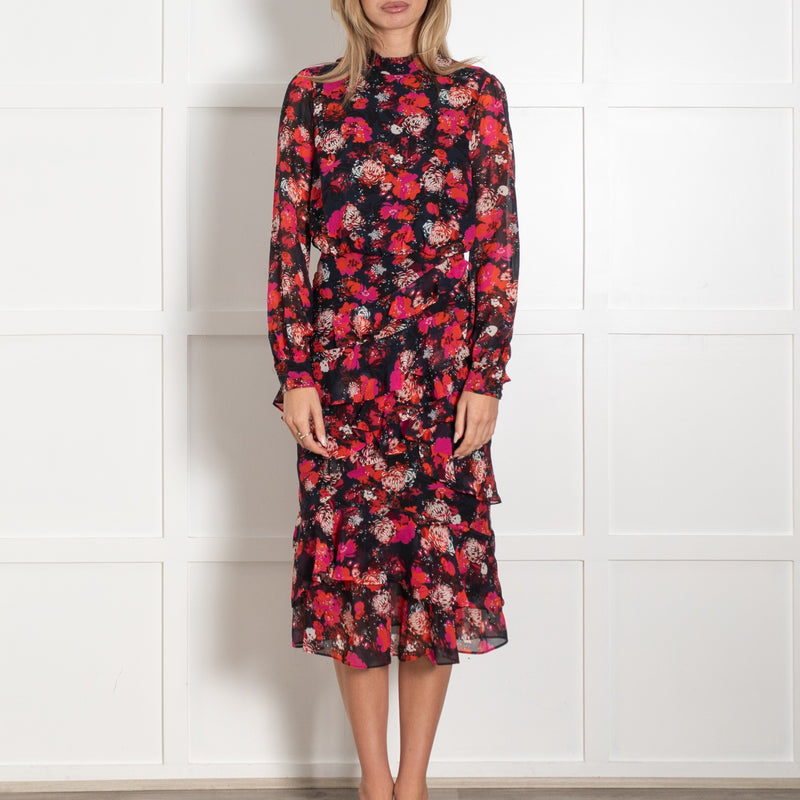 Saloni Red and Black Floral Print Isa Ruffle Laurel Midi Dress - Image 2