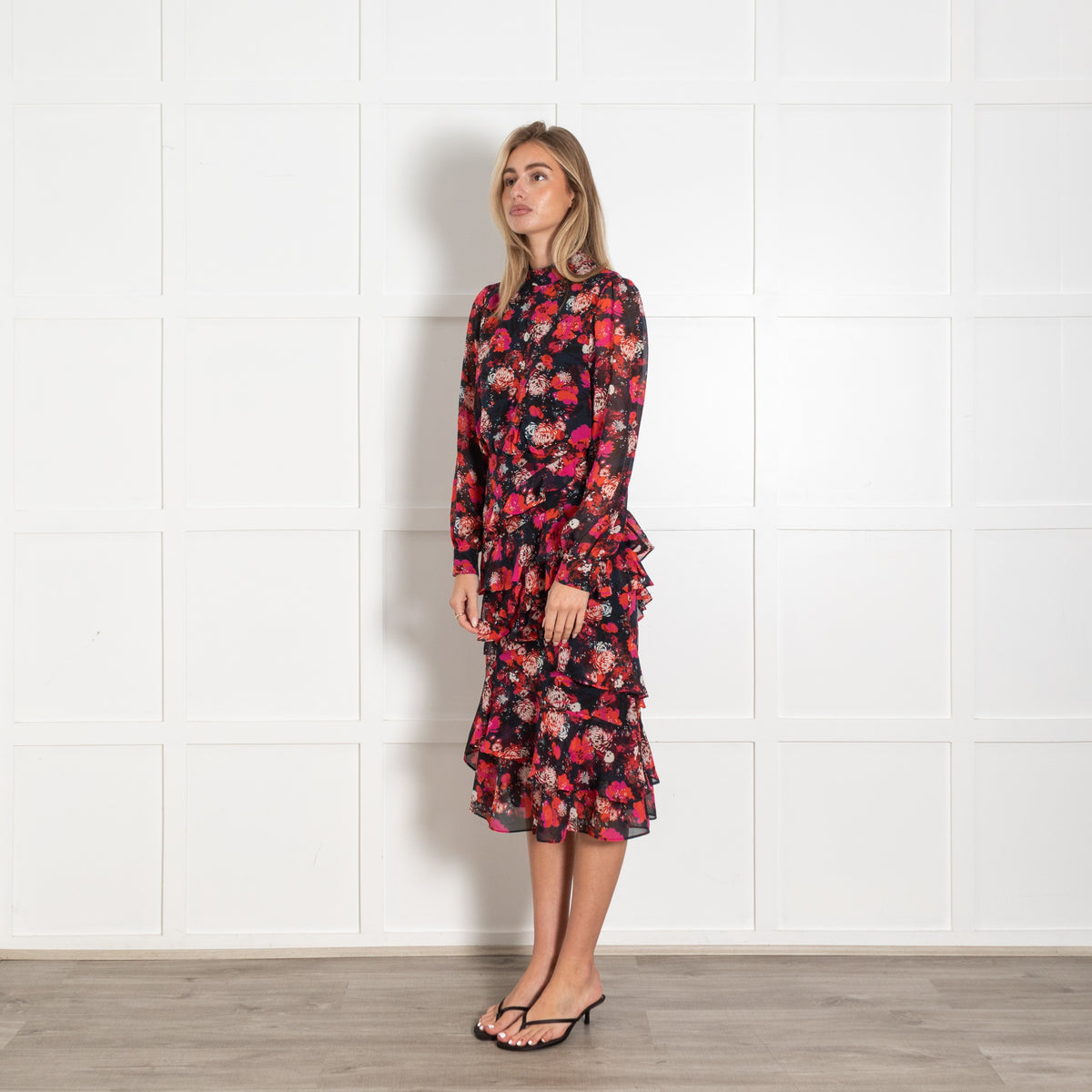 Saloni Red and Black Floral Print Isa Ruffle Laurel Midi Dress - Image 3