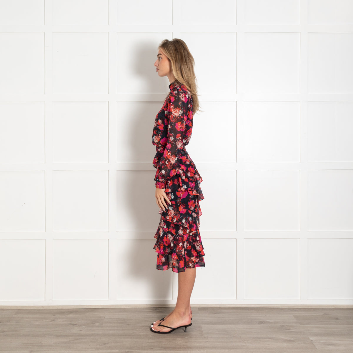 Saloni Red and Black Floral Print Isa Ruffle Laurel Midi Dress - Image 4