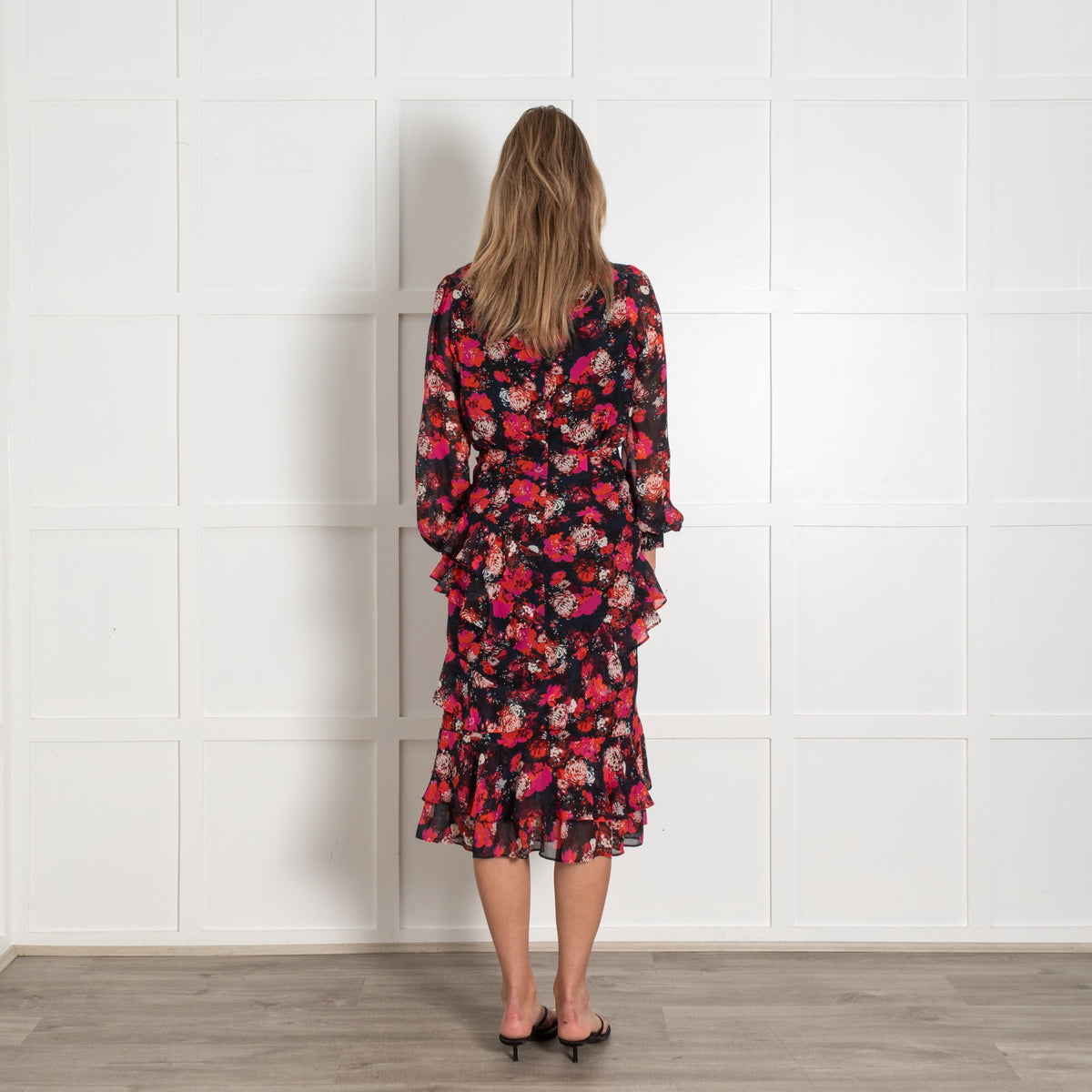 Saloni Red and Black Floral Print Isa Ruffle Laurel Midi Dress - Image 5