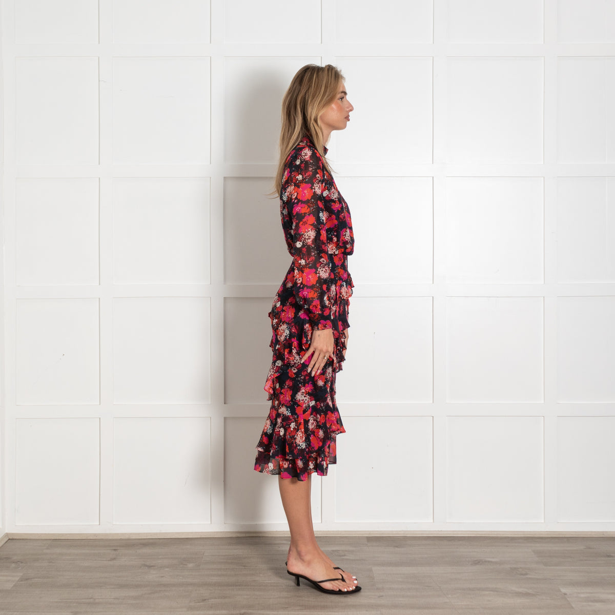 Saloni Red and Black Floral Print Isa Ruffle Laurel Midi Dress - Image 6
