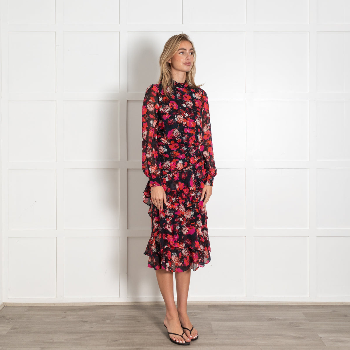 Saloni Red and Black Floral Print Isa Ruffle Laurel Midi Dress - Image 7