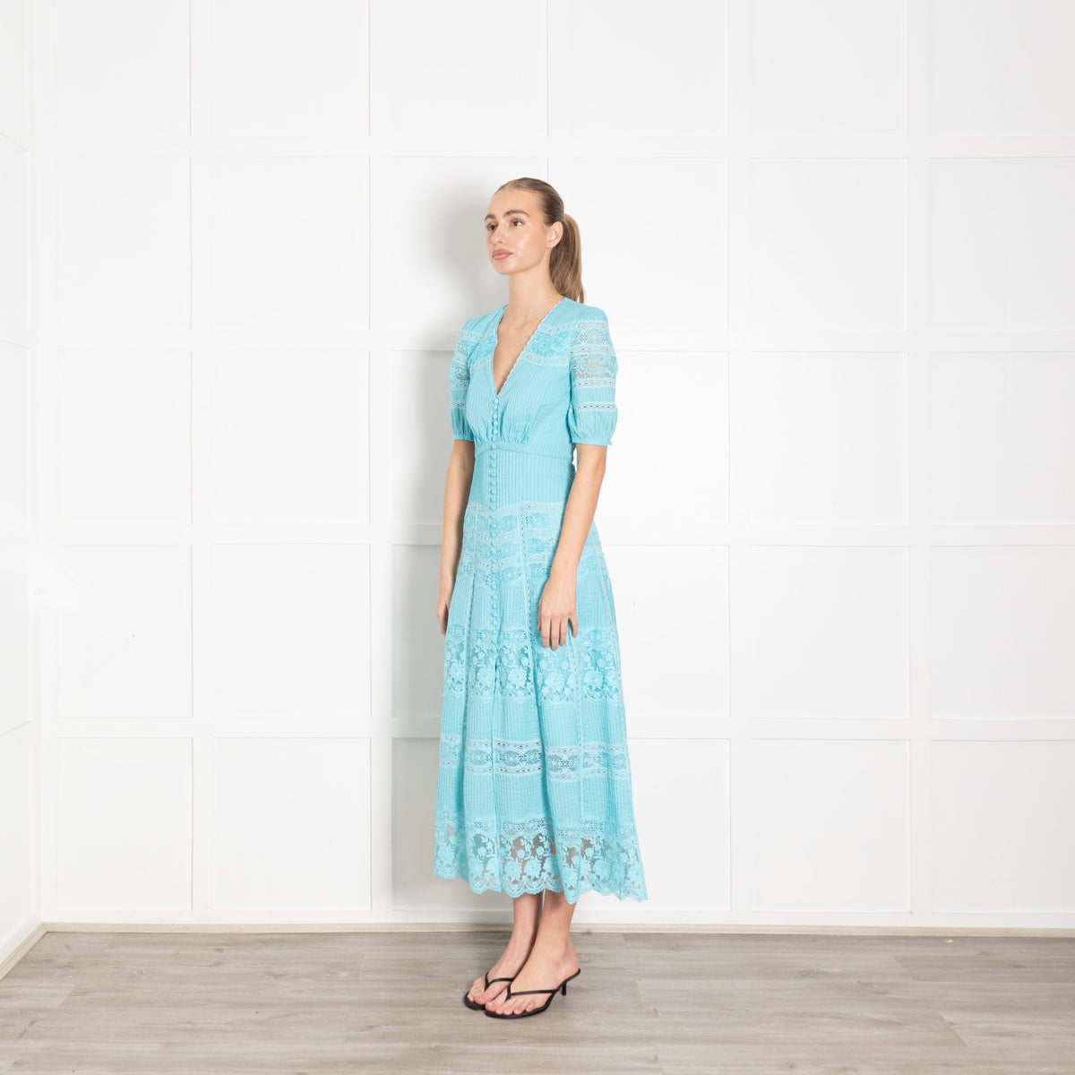 Saloni Turqouise Panelled Pintuck Midi Dress - Image 3