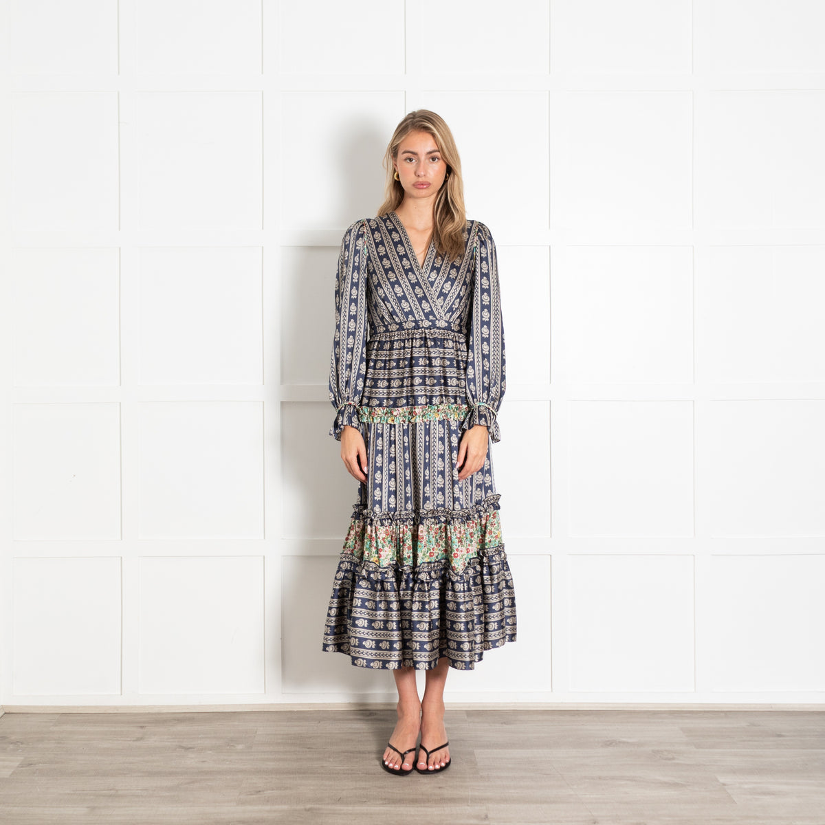 Blue & Cream Motif Print Long Sleeved Midi Dress - Image 1