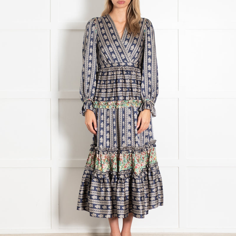 Blue & Cream Motif Print Long Sleeved Midi Dress - Image 2