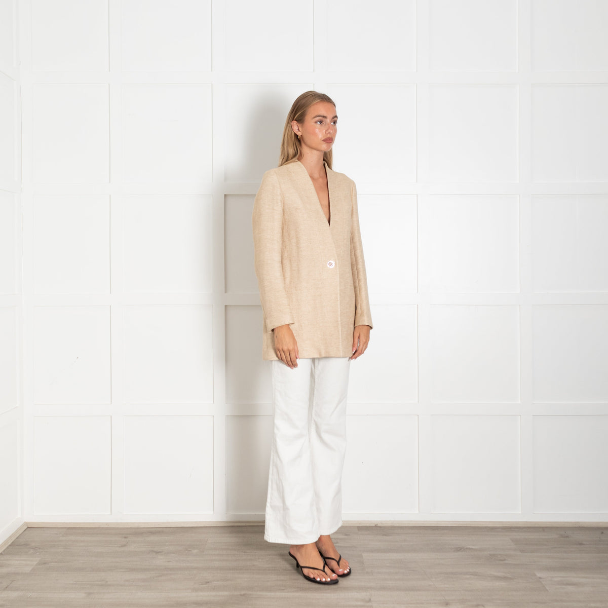 Sandro Beige Long Line Linen Mix Jacket - Image 7