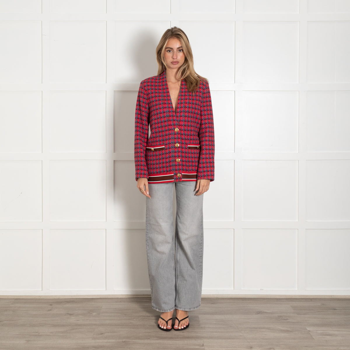 Sandro Red and Grey Wool Blend Gold Button Tweed Jacket - Image 1
