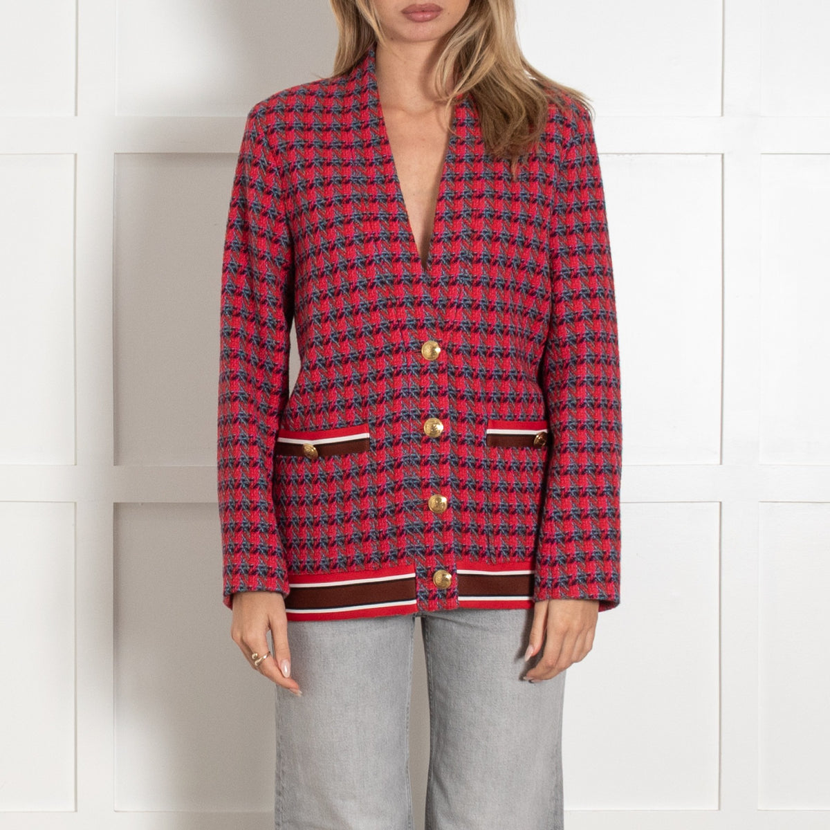 Sandro Red and Grey Wool Blend Gold Button Tweed Jacket - Image 2