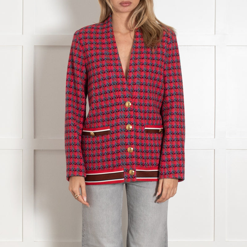 Sandro Red and Grey Wool Blend Gold Button Tweed Jacket - Image 2