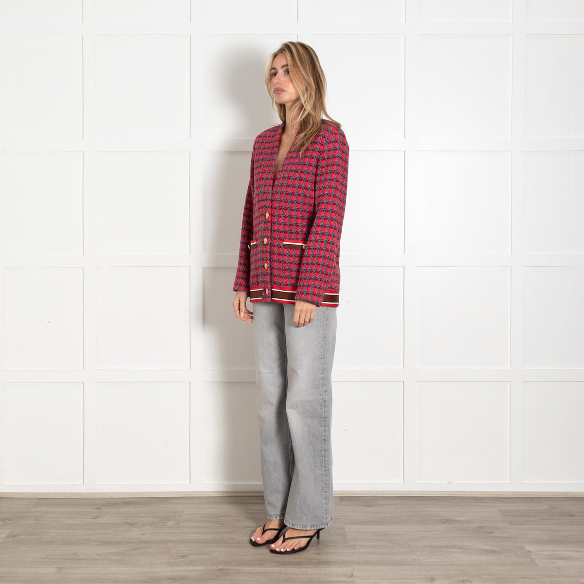 Sandro Red and Grey Wool Blend Gold Button Tweed Jacket - Image 3
