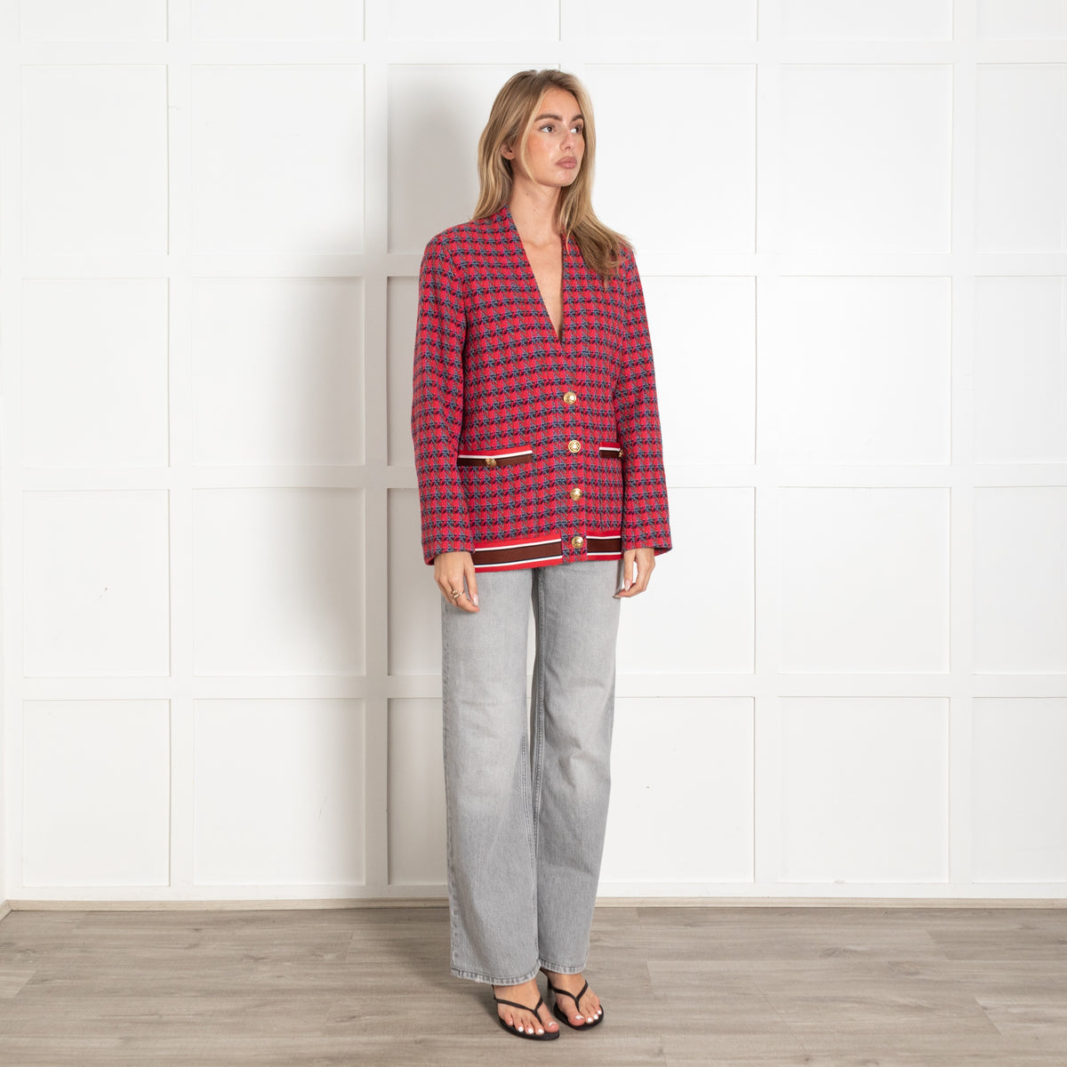 Sandro Red and Grey Wool Blend Gold Button Tweed Jacket - Image 7