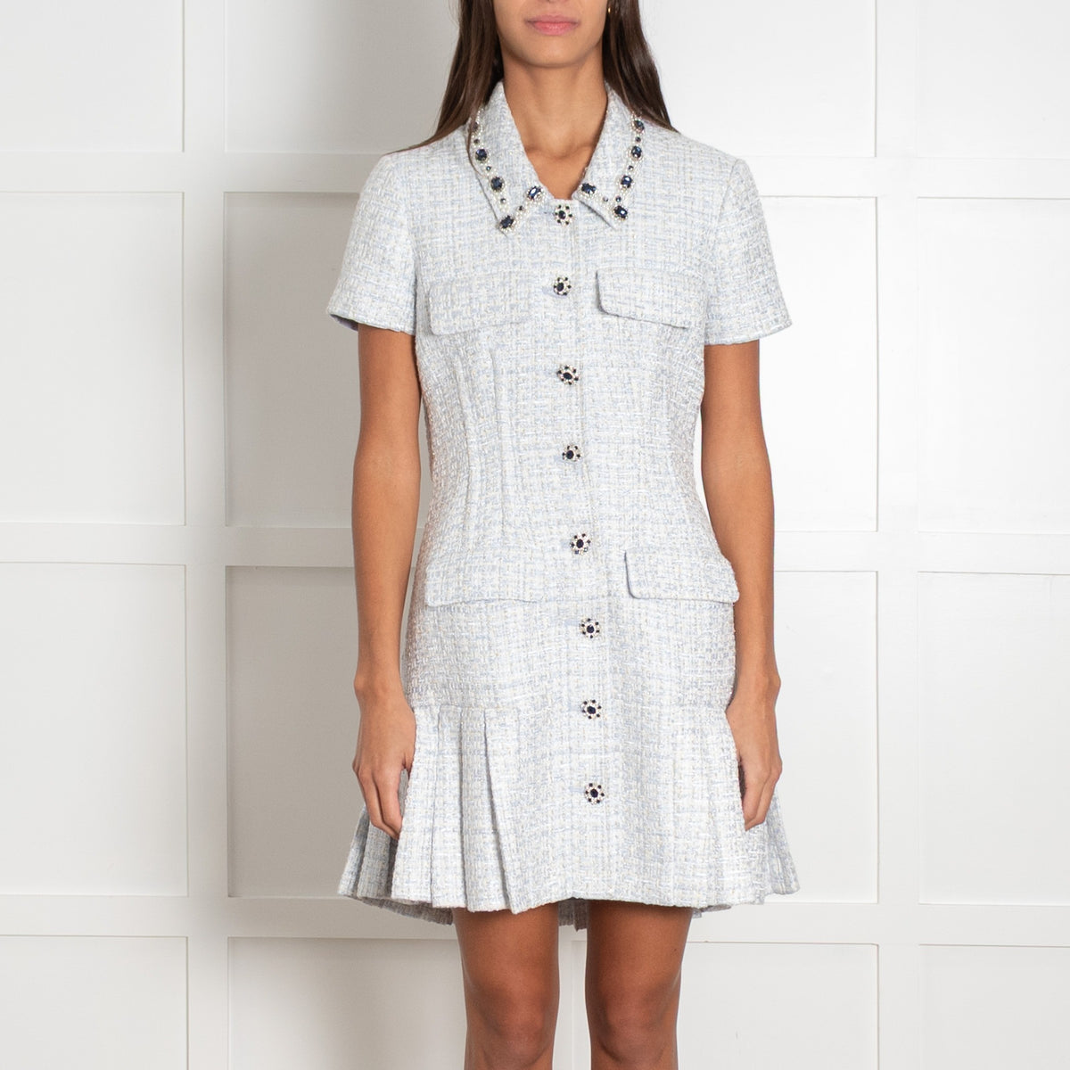 Self Portrait Blue Tweed Crystal Embellisment Mini Dress - Image 2