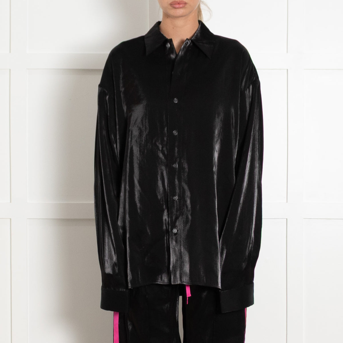 Serena Bute Black Shiny Fabric Oversized Cuff Shirt - Image 1