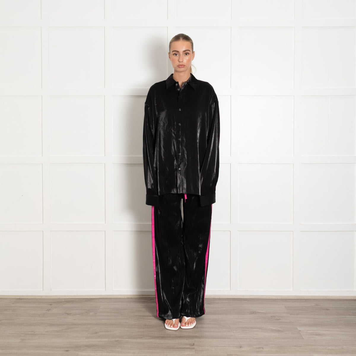Serena Bute Black Shiny Fabric Oversized Cuff Shirt - Image 2