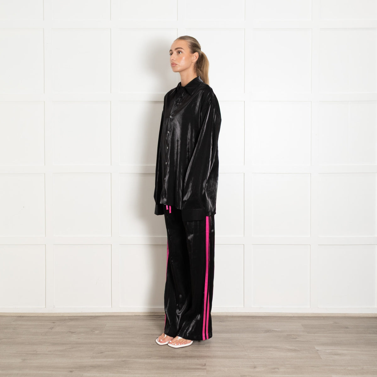 Serena Bute Black Shiny Fabric Oversized Cuff Shirt - Image 3