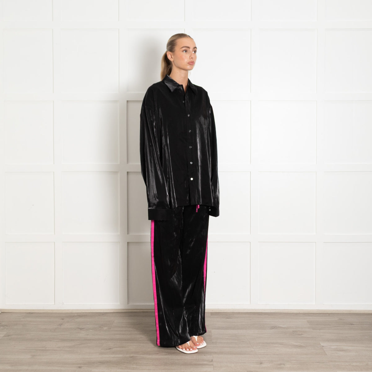 Serena Bute Black Shiny Fabric Oversized Cuff Shirt - Image 7