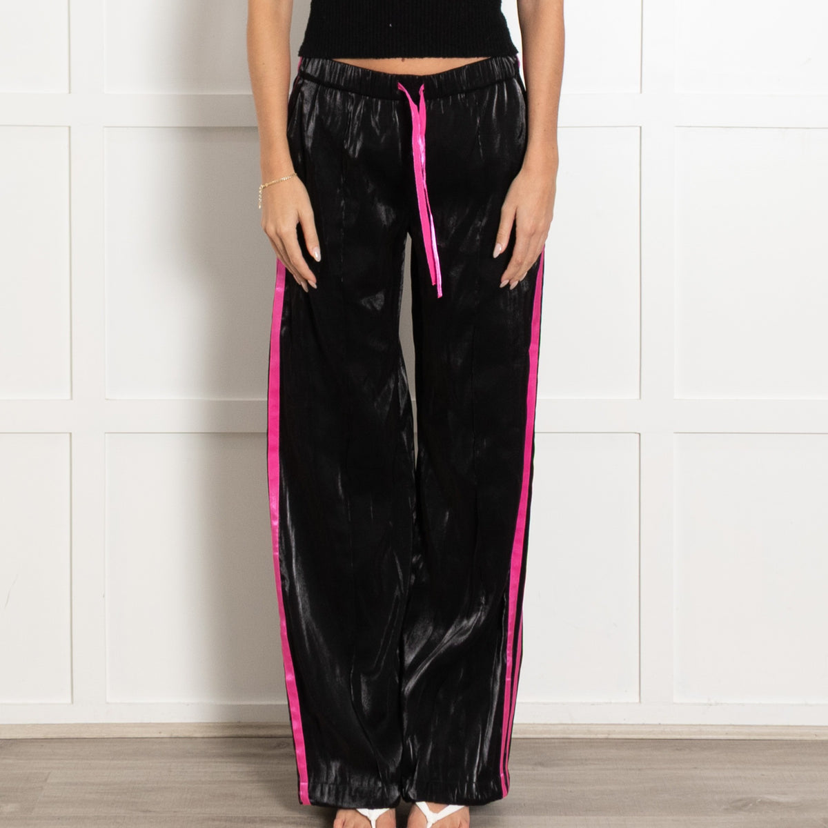 Serena Bute Black Shiny With Pink Trim Elasticated Waist Joggers - Image 1