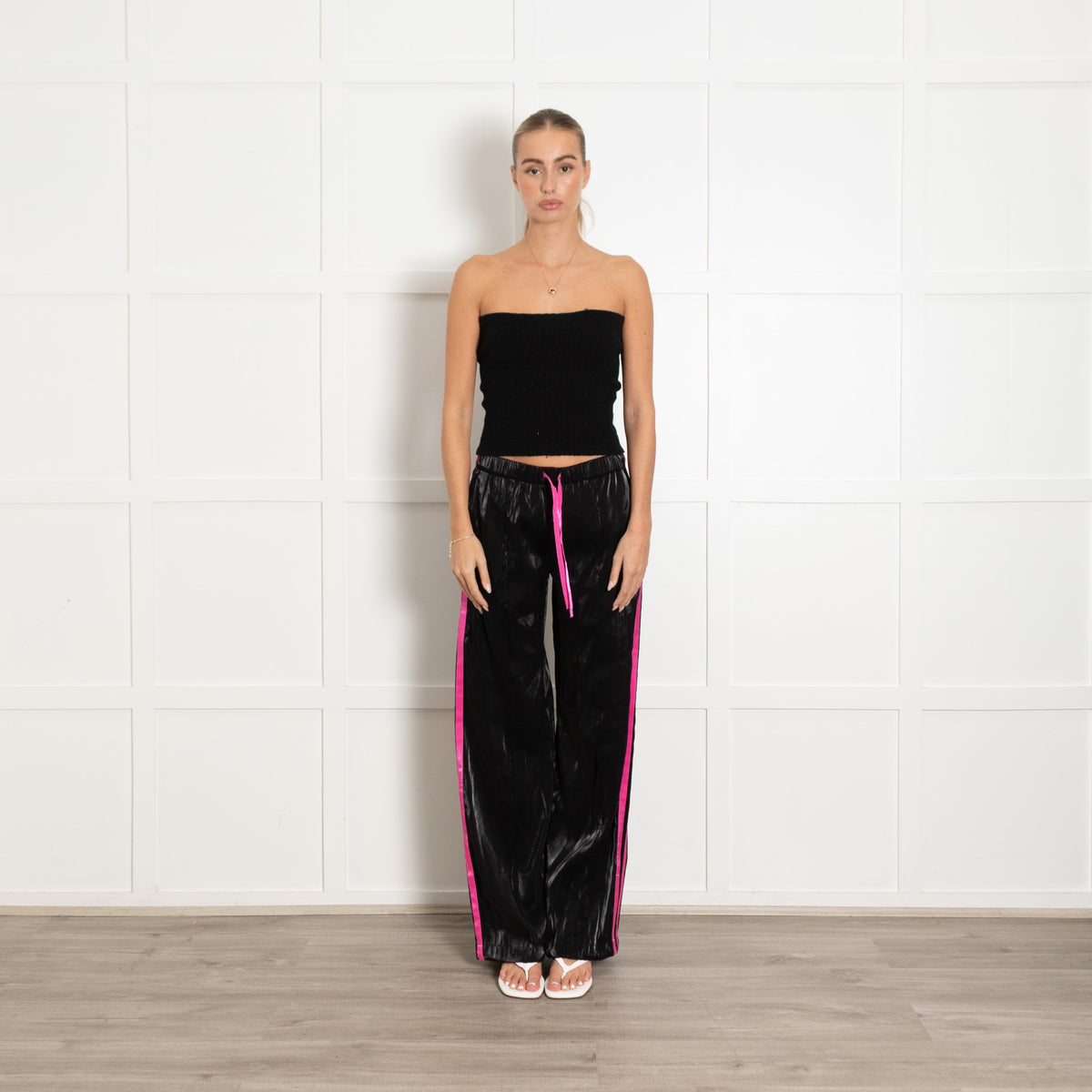 Serena Bute Black Shiny With Pink Trim Elasticated Waist Joggers - Image 2