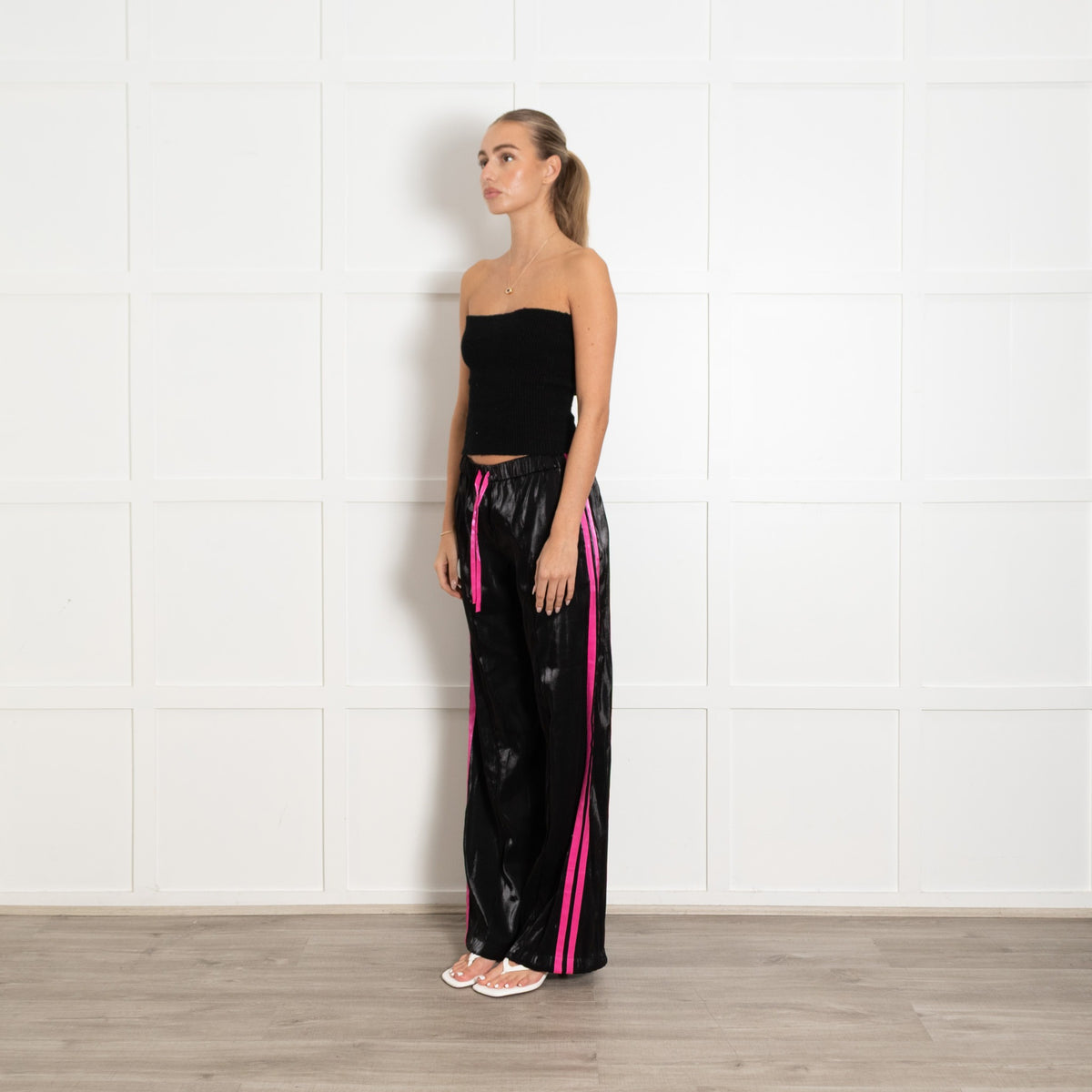 Serena Bute Black Shiny With Pink Trim Elasticated Waist Joggers - Image 3