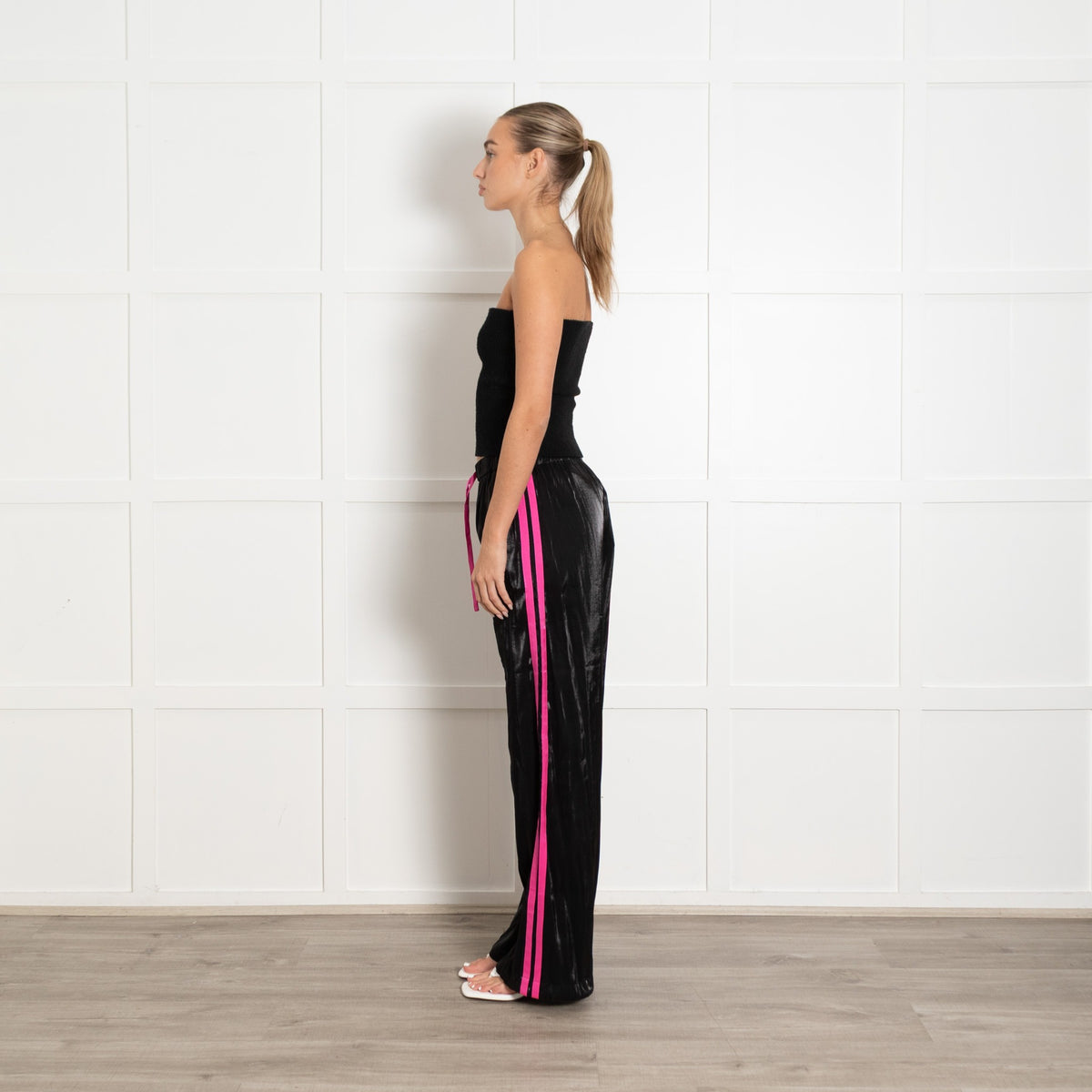 Serena Bute Black Shiny With Pink Trim Elasticated Waist Joggers - Image 4