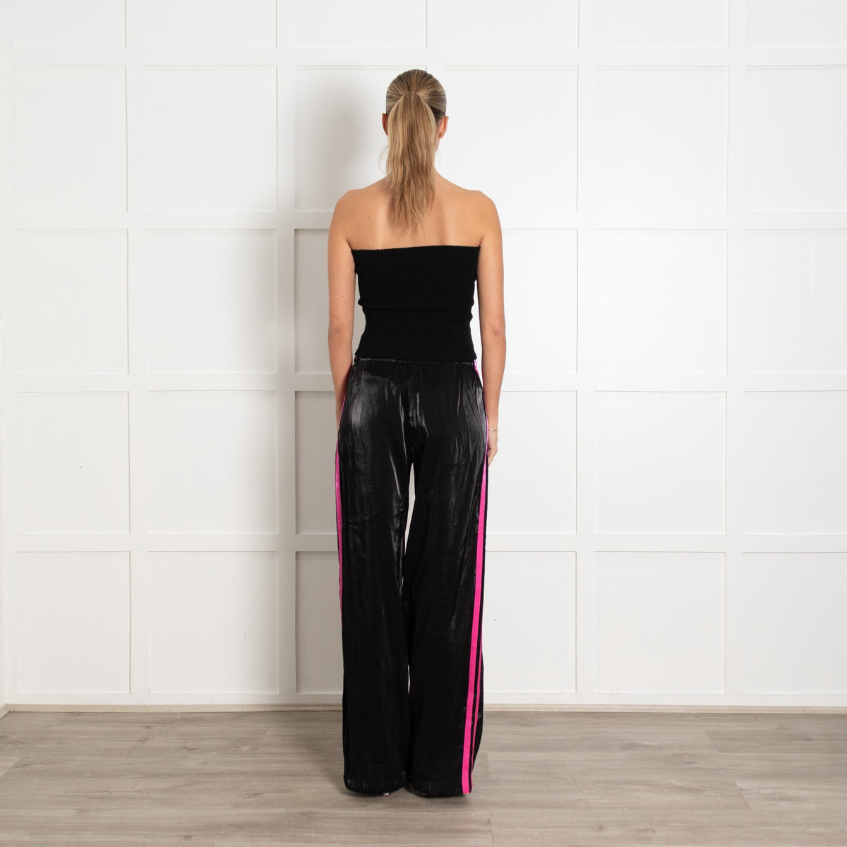 Serena Bute Black Shiny With Pink Trim Elasticated Waist Joggers - Image 5