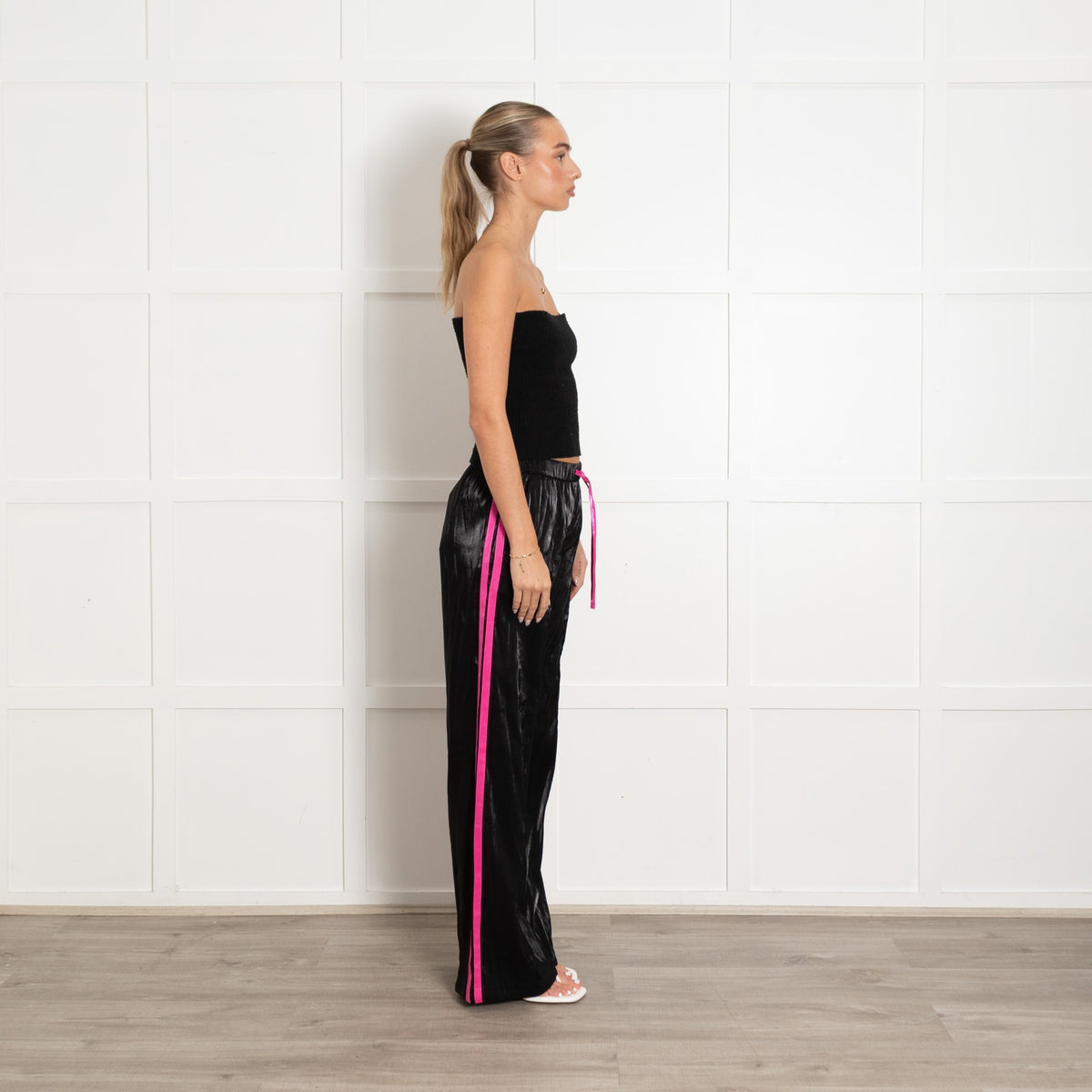 Serena Bute Black Shiny With Pink Trim Elasticated Waist Joggers - Image 6
