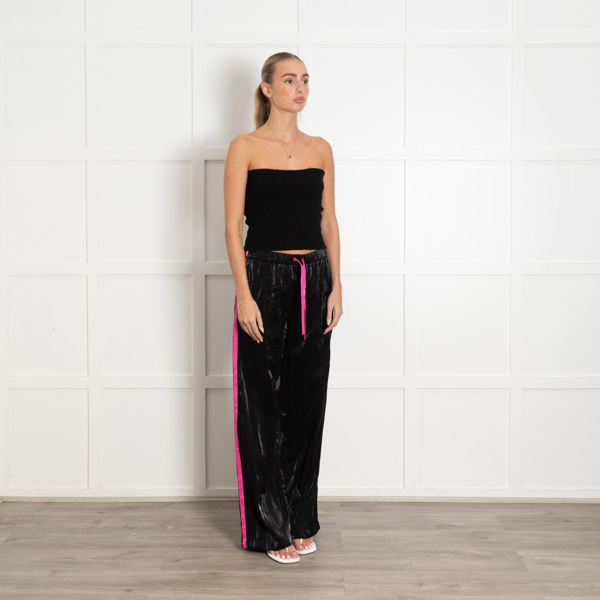 Serena Bute Black Shiny With Pink Trim Elasticated Waist Joggers - Image 7