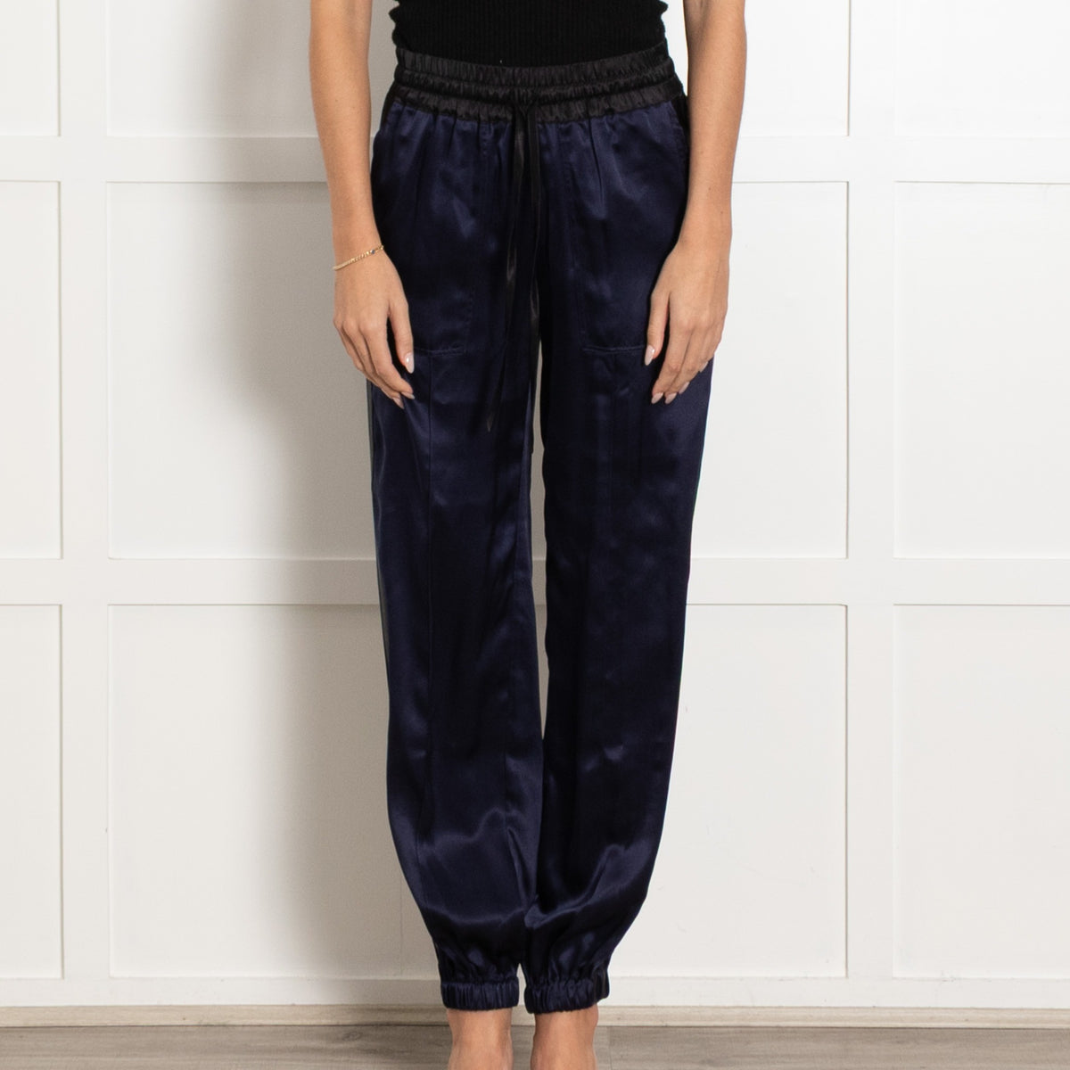 Serena Bute Navy Black Side Stripes Silk Joggers - Image 2
