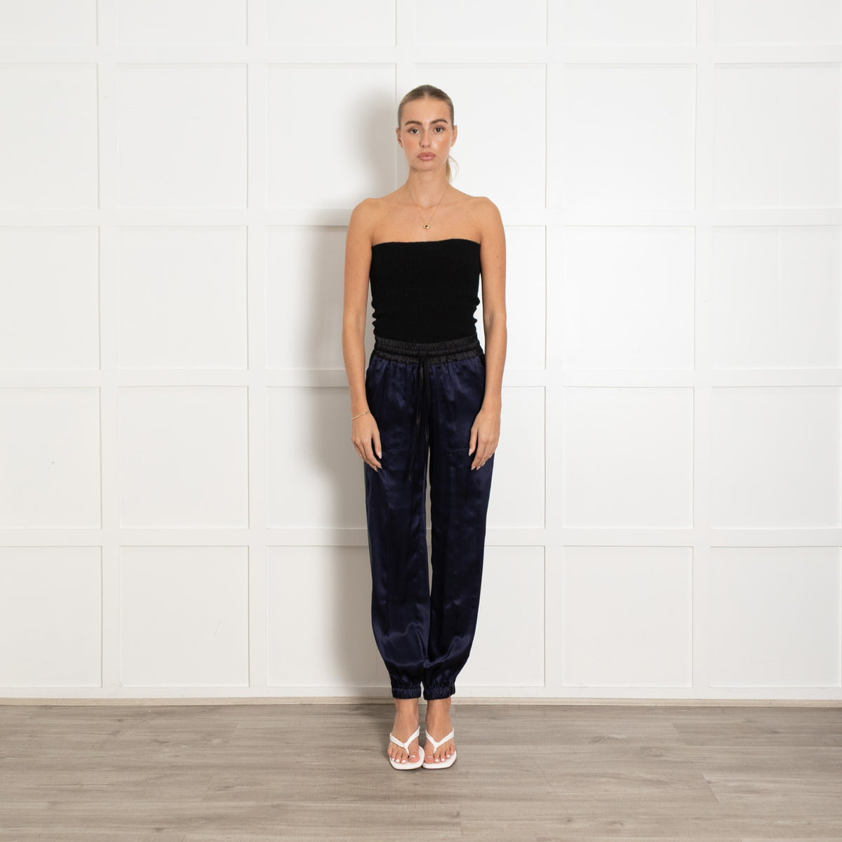 Serena Bute Navy Black Side Stripes Silk Joggers - Image 1