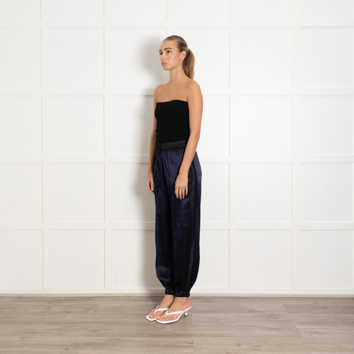 Serena Bute Navy Black Side Stripes Silk Joggers - Image 3