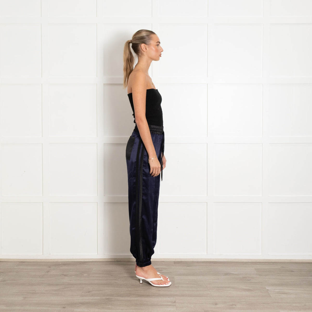 Serena Bute Navy Black Side Stripes Silk Joggers - Image 6